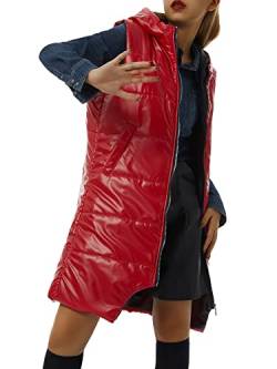 Loalirando Damen Daunenweste Lang Übergangsjacke mit Kapuze Mantel Vest Ärmellose Warmer Daunenmantel mit Taschen (Red, 2XL) von Loalirando