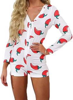 Loalirando Damen Einteiler Pyjama Sexy Tiefer V-Ausschnitt Langarm Shorts Jumpsuit Entzückender Druck Babydoll Onsies Strampler Gr. 36, chili von Loalirando