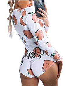 Loalirando Damen Einteiler Pyjama Sexy Tiefer V-Ausschnitt Langarm Shorts Jumpsuit Entzückender Druck Babydoll Onsies Strampler Gr. Medium, pfirsich von Loalirando