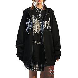 Loalirando Damen Gothic Y2K Schmetterling Zip Up Oversize Hoodie Casual Harajuku Ästhetischer Mantel Kleidung Grunge Punk Jacke Hip Hop Streetwear, Schwarz , 36 von Loalirando