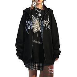 Loalirando Damen Gothic Y2K Schmetterling Zip Up Oversize Hoodie Casual Harajuku Ästhetischer Mantel Kleidung Grunge Punk Jacke Hip Hop Streetwear, Schwarz , 38 von Loalirando
