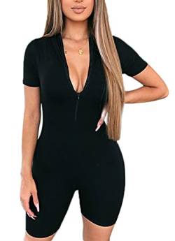 Loalirando Damen Jumpsuit V-Ausschnitt Bodysuit Sexy Sommer Overall Kurz Einteiler Hosenanzug Sport Playsuit(Schwarz,XL) von Loalirando