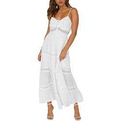 Loalirando Damen Kleider Böhmen Sommerkleid Kurzarm Hohe Taille Maxikleid V-Ausschnitt Lang Casual Rüschenkleid(Weiß-A,L) von Loalirando