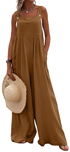 Loalirando Damen Latzhose Sommer Jumpsuit Leinen Hosenanzug Ärmellos Playsuit Casual Loose Overall Frühling Einteiler mit Taschen (Braun, M) von Loalirando