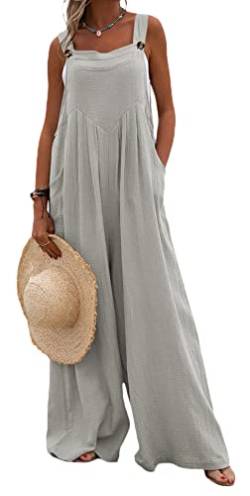 Loalirando Damen Latzhose Sommer Jumpsuit Leinen Hosenanzug Ärmellos Playsuit Casual Loose Overall Frühling Einteiler mit Taschen (Grau, 2XL) von Loalirando