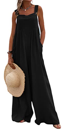 Loalirando Damen Latzhose Sommer Jumpsuit Leinen Hosenanzug Ärmellos Playsuit Casual Loose Overall Frühling Einteiler mit Taschen (Schwarz, L) von Loalirando