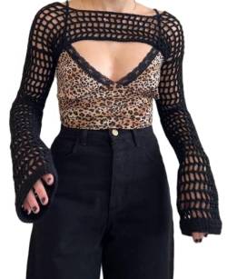 Loalirando Damen Netzoberteil Langarm Crop Top mit Transparentes Oberteil Crop Pullover Ultrakurz Party Oberteil Y2K Streetwear (Kurz/Schwarz, L) von Loalirando