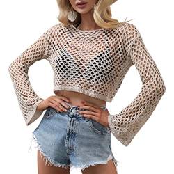 Loalirando Damen Netzoberteil Langarm Crop Top mit Transparentes Oberteil Crop Pullover Ultrakurz Party Oberteil Y2K Streetwear (Trompetenärmel/Khaki, S) von Loalirando