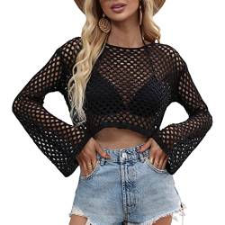 Loalirando Damen Netzoberteil Langarm Crop Top mit Transparentes Oberteil Crop Pullover Ultrakurz Party Oberteil Y2K Streetwear (Trompetenärmel/Schwarz, S) von Loalirando