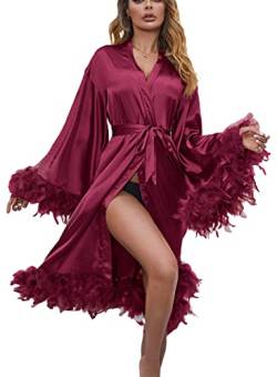 Loalirando Damen Satin Nachthemd mit Feder Nachtkleid Sexy Bademantel Kimono Robe Nachtwäsche Sleepwear mit Gürtel (Weinrot, One Size) von Loalirando