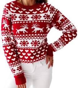 Loalirando Damen Schöner Weihnachtspullover mit Rentiermuster Strickpullover Langarm Sweatshirt Xmas Pulli Sweater Winter (Rentiermuster/Rot, L) von Loalirando