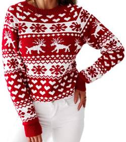 Loalirando Damen Schöner Weihnachtspullover mit Rentiermuster Strickpullover Langarm Sweatshirt Xmas Pulli Sweater Winter (Rentiermuster/Rot, S) von Loalirando