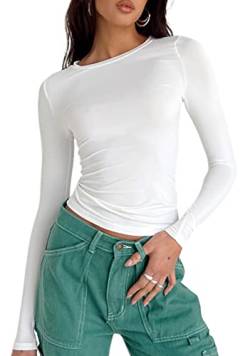 Loalirando Damen Sexy Rückenfreies Kurzarm Crop Top T-Shirt Sommer Crewneck Slim Fit Y2K Cropped Tee Teenage Mädchen Streetwear (Langarm/Weiß, M) von Loalirando