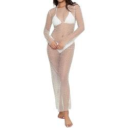Loalirando Damen Sexy Streetwear Transparent Kleid mit Perlen Party Clubwear Unterkleid Bikini Cover up(Weiß-A,L) von Loalirando
