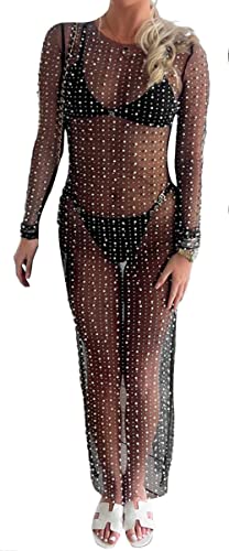 Loalirando Damen Sexy Streetwear Transparent Kleid mit Perlen Party Clubwear Unterkleid Bikini Cover up (Schwarz, L) von Loalirando