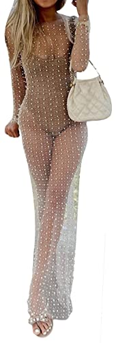 Loalirando Damen Sexy Streetwear Transparent Kleid mit Perlen Party Clubwear Unterkleid Bikini Cover up (Weiß, M) von Loalirando