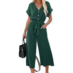 Loalirando Damen V-Ausschnitt Kurzarm Jumpsuit mit Taschen Casual Höhe Taille Weites Bein Overall mit Gürtel (Dunkelgrün, S) von Loalirando