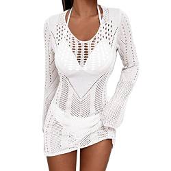 Loalirando Damen V-Ausschnitt Spitze Strandkleid Elegant Kurzarm Transparent Bikini Cover up Sommerkleid Pareos(Weiß-D,M) von Loalirando