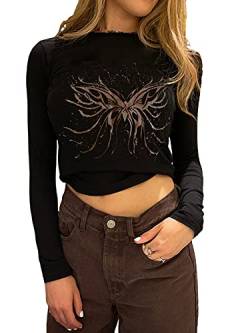 Loalirando Damen Y2K Langarm Crop Top Slim Fit Rundhals Oberteile mit Schmetterlingsmuster Schwarzes Langarmshirt Streetwear (Schwarz, L) von Loalirando