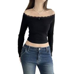 Loalirando Damen Y2K Schulterfrei Oberteil Langarm Slim Fit Bauchfrei Crop Top Streetwear (Schwarz, M) von Loalirando