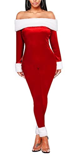 Loalirando Elegant Damen Schulterfrei Samt Kleider Langarm Abendkleid Weihnachten Kostüm(Jumpsuit,M) von Loalirando