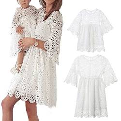 Loalirando Kleid für Mutter und Tochter gleich, elegant, einfarbig, Spitze, lange Ärmel für Mutter und Tochter, Geburtstag, S-XL 0-5 Jahre, A - Weiß - Mama, L von Loalirando