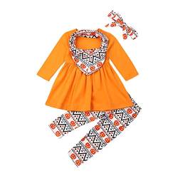 Loalirando Kleinkind Mädchen Halloween Kleid Langarmshirt+ Kürbis Legging Outfits Set Herbst Kleidung Set (3-4 Jahre, Halloween G-Orange) von Loalirando