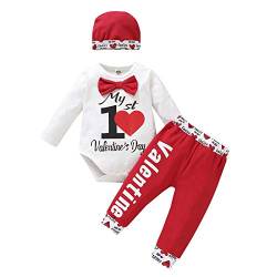 Loalirando Neugeborenes Baby Jungen Valentinstag Outfits Mein 1. Valentinstag Strampler Body Herz Hose Hut 3-teiliges Kleidungsset Gr. 74, Weiß/Rot von Loalirando