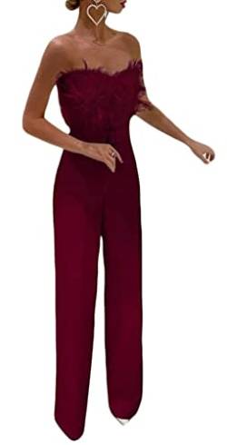 Loalirando Schöner Damen Jumpsuit Feder Hosenanzug Bandeau Top Playsuit Hochzeit Business Overall Frühling Einteiler (Weinrot, S) von Loalirando