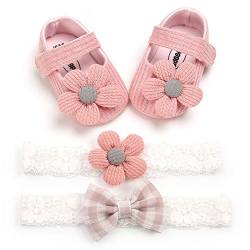 Loalirando Schuhe für Babys, 0 – 18 Monate, Geschenkset, 3 Stück, Haarband für Neugeborene, Geschenk für Taufe, Mädchen, rutschfeste Schuhe, Blume, weiche Sohle für Neugeborene, Pink 0-6 Monate von Loalirando