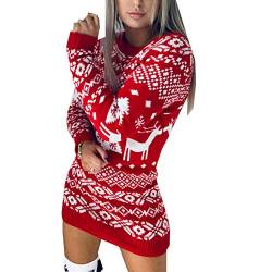 Loalirando Weihnachts-Kleid Strickkleid Damen Langarm Rundhals Pullover lang bedruckt Hirsch und Schneeflocken Gr. Small, rot von Loalirando