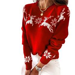 Loalirando Weihnachts-Pullover für Damen, elegant, für den Winter, Weihnachten, langärmlig, Rundhalsausschnitt, warmer Pullover, E-rot, S von Loalirando