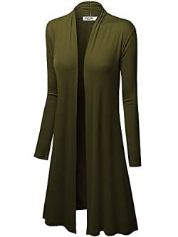 WSK1048 Womens Solid Long Sleeve Open Front Long Cardigan L Olive von Lock and Love