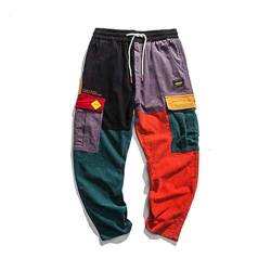 Loeay Herren Causal Pants Hip Hop Streetwear Color Block Jogger Hose Cordhose Elastic Waist Harem Patchwork Pant, siehe abbildung, 41-44.5 von Loeay