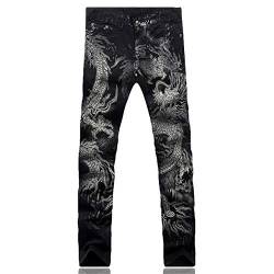 Loeay Herrenmode Drachendruck Jeans männlich farbige Zeichnung gemalt schlanke Jeanshose elastisch schwarz Lange Hose schwarz 38 von Loeay