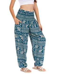 Lofbaz Damen Haremshose Yogahose Pumphose Hippie Hose Boho Kleidung Festival Outfit Sommerhose Leicht Sommer Hosen - Elephant 1 Teal Grün L von Lofbaz