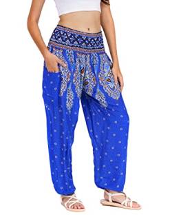 Lofbaz Damen Haremshose Yogahose Pumphose Hippie Hose Boho Kleidung Festival Outfit Sommerhose Leicht Sommer Hosen - Floral 3 Blau S von Lofbaz