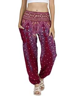 Lofbaz Damen Haremshose Yogahose Pumphose Hippie Hose Boho Kleidung Festival Outfit Sommerhose Leicht Sommer Hosen - Peacock 1 Burgund XL von Lofbaz