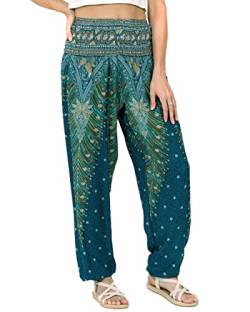 Lofbaz Damen Haremshose Yogahose Pumphose Hippie Hose Boho Kleidung Festival Outfit Sommerhose Leicht Sommer Hosen - Peacock 1 Teal Grün XXL Große Größen von Lofbaz