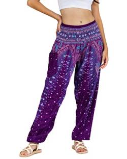 Lofbaz Damen Haremshose Yogahose Pumphose Hippie Hose Boho Kleidung Festival Outfit Sommerhose Leicht Sommer Hosen - Peacock 1 Violett B 3XL Große Größen von Lofbaz