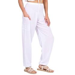 Lofbaz Damen Haremshose Yogahose Pumphose Hippie Hose Boho Kleidung Festival Outfit Sommerhose Leicht Sommer Hosen - Solid 1 Weiß 3XL Große Größen von Lofbaz