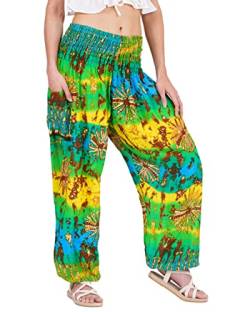 Lofbaz Damen Haremshose Yogahose Pumphose Hippie Hose Boho Kleidung Festival Outfit Sommerhose Leicht Sommer Hosen - Tie Dye Gelb & Grün 3XL Große Größen von Lofbaz