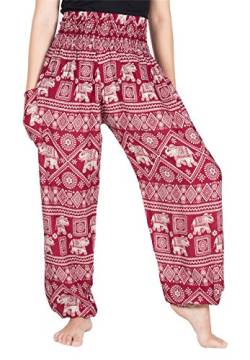 Lofbaz Damen Haremshose mit gesmoktem Boho Hosen Elephant Stamp Burgund S von Lofbaz