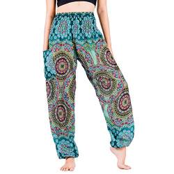 Lofbaz Yoga Boho Hosen für Damen Harem Hippie Kleidung Pyjamas Lounge Bekleidung Jogger Indian Bohemian Tanz Sommer Strand Blühende Blume Blaugrün M von Lofbaz