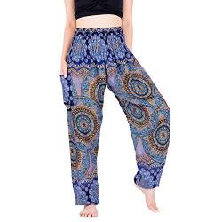 Lofbaz Yoga Boho Hosen für Damen Harem Hippie Kleidung Pyjamas Lounge Bekleidung Jogger Indian Bohemian Tanz Sommer Strand Blühende Blume Dunkelblau L von Lofbaz