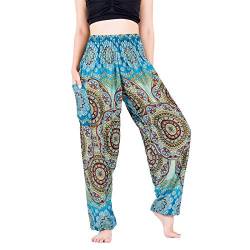 Lofbaz Yoga Boho Hosen für Damen Harem Hippie Kleidung Pyjamas Lounge Bekleidung Jogger Indian Bohemian Tanz Sommer Strand Blühende Blume Hellblau S von Lofbaz
