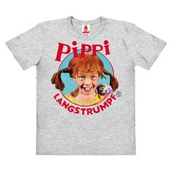 Logoshirt®️ Pippi Langstrumpf I Portrait I Bio T-Shirt Print I Kinder I Mädchen & Jungen I kurzärmlig I grau-meliert I Lizenziertes Originaldesign I Größe 128 von Logoshirt