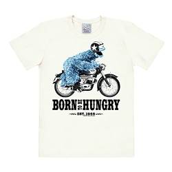 Logoshirt® Sesamstrasse I Krümelmonster I Motorrad I Born to Be Hungry I T-Shirt Print I Damen & Herren I kurzärmlig I Weiss I Lizenziertes Originaldesign I Größe L von Logoshirt