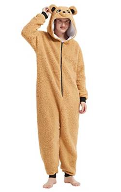 Loiahoer Unisex Sherpa Bär Einteiler Pyjama Kapuze Halloween Cosplay Kostüm Weihnachten Pyjama für Familie Reißverschluss, braun, L von Loiahoer