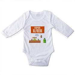 Body Mario Bros. Personalisierter Body für Babys, Babys, Jungen, Mädchen, Strampler mit langen Ärmeln, personalisierbar, Größe 0–12 Monate, verschiedene Designs, MARIO MARIO MARIO von LolaPix